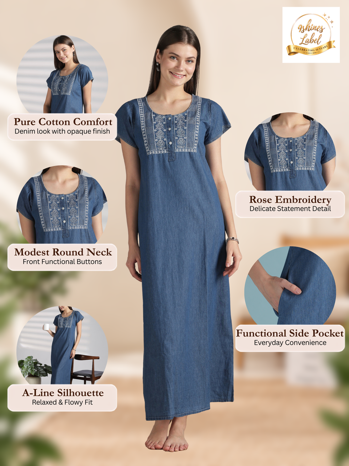 Sky blue denim feel nighty for women with embroidery