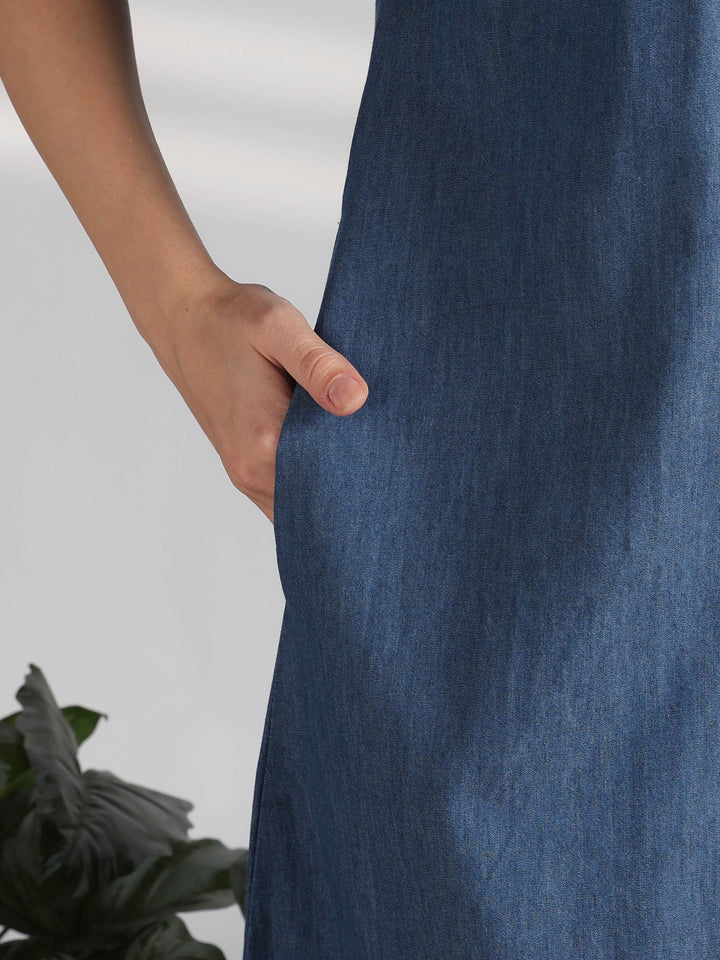 Sky blue denim feel nighty for women with embroidery