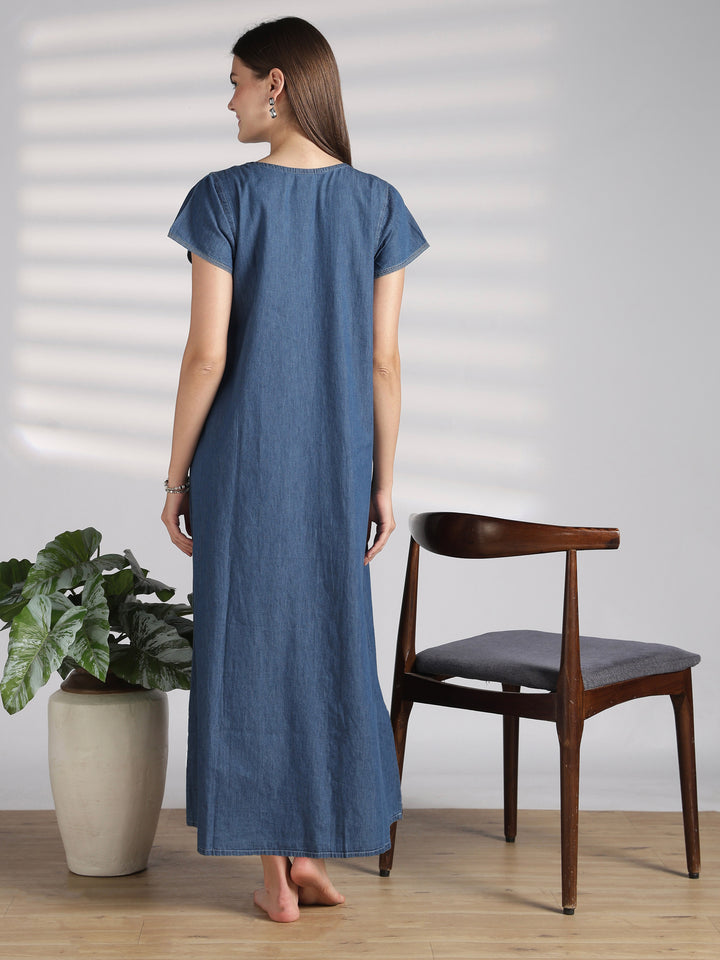 Sky blue denim feel nighty for women with embroidery