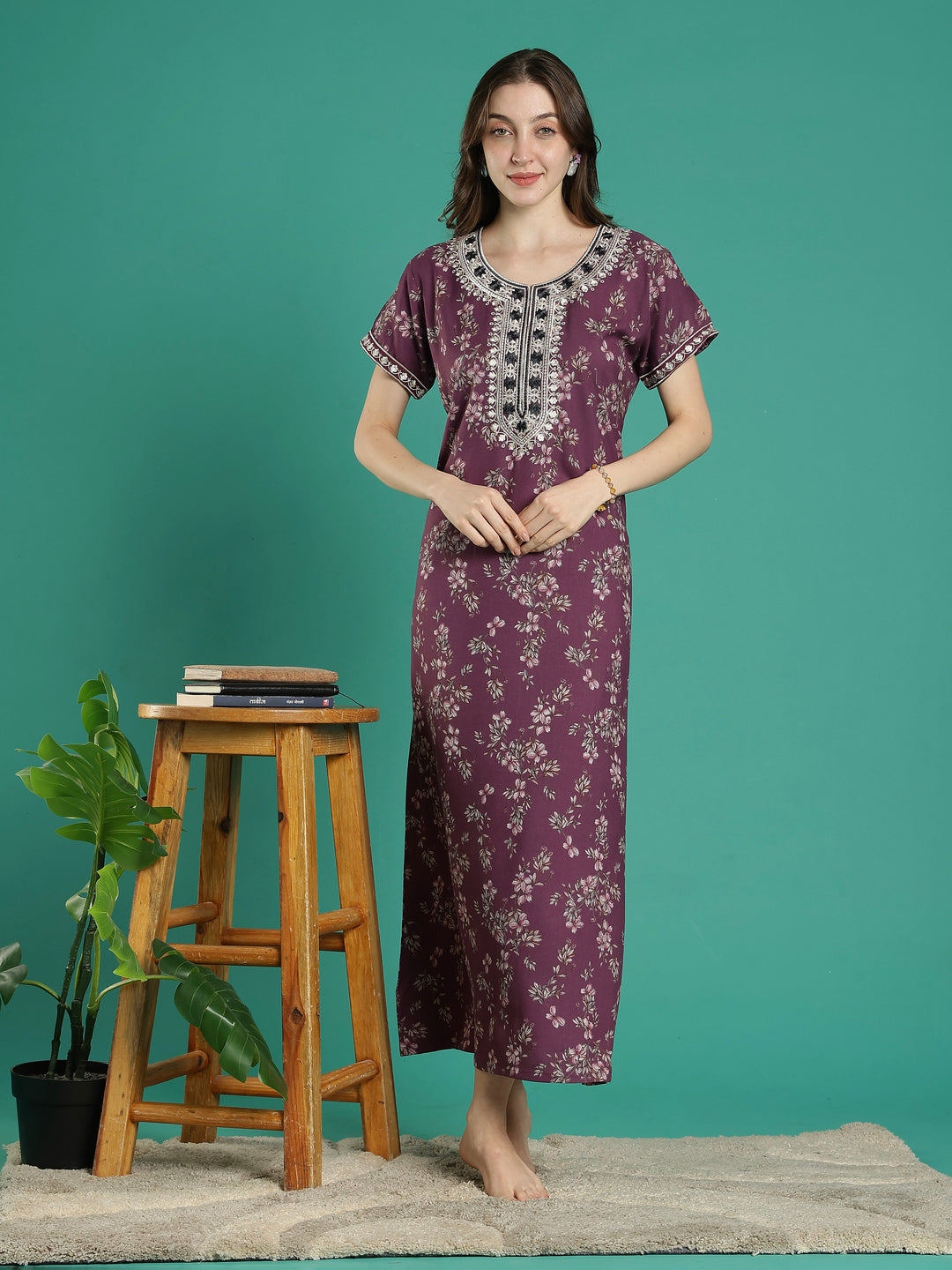 Plum floral soft alpine sleepwear for ladies online in India