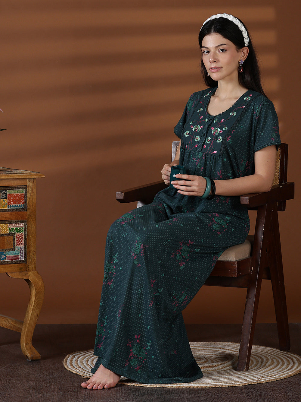 Forest green cotton blend sleepwear for women for summer