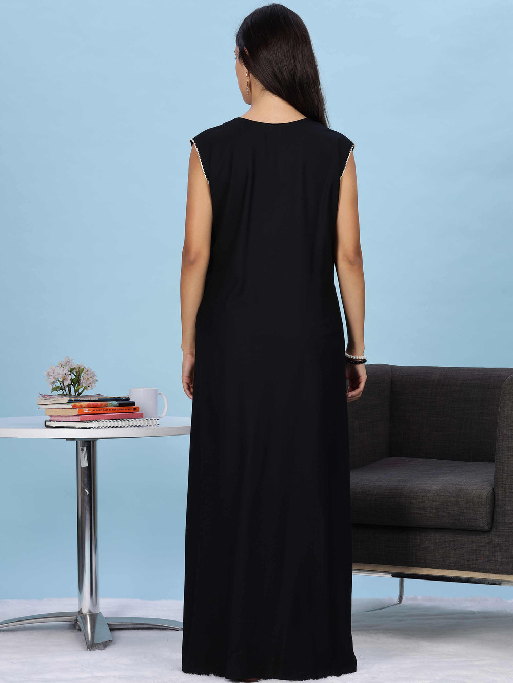 Black Embroidered Sleeveless Night Dress for Women