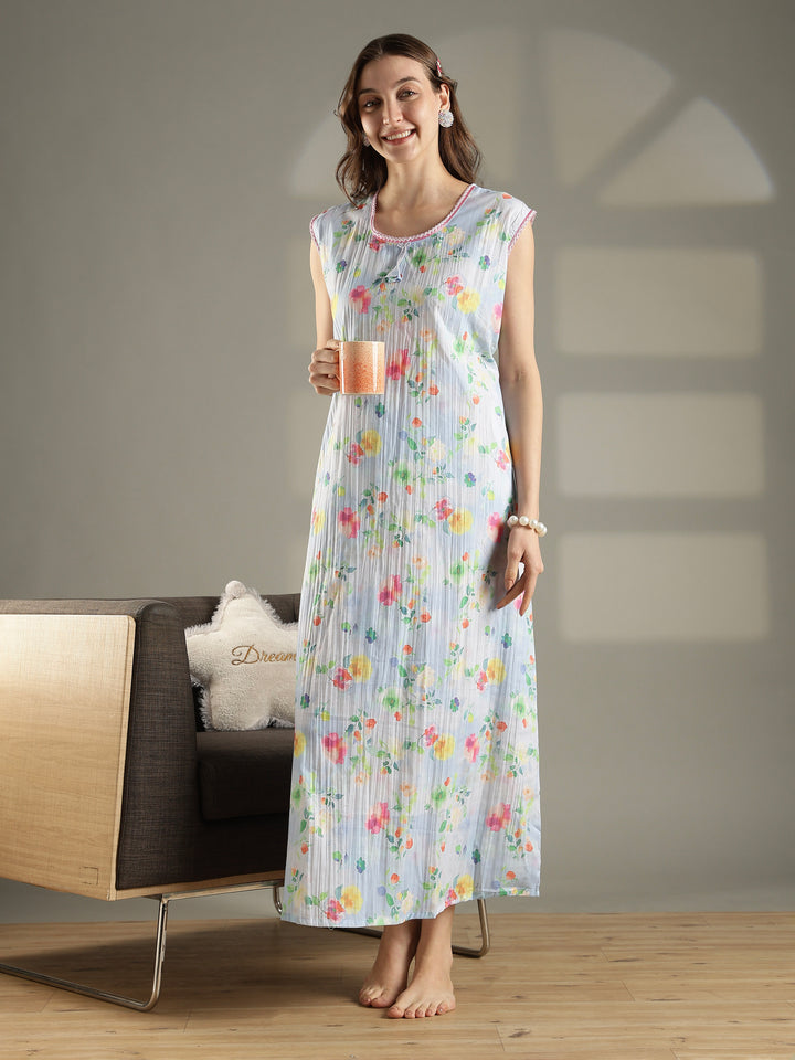 Floral pastel sky sleeveless maxi nightdress for women