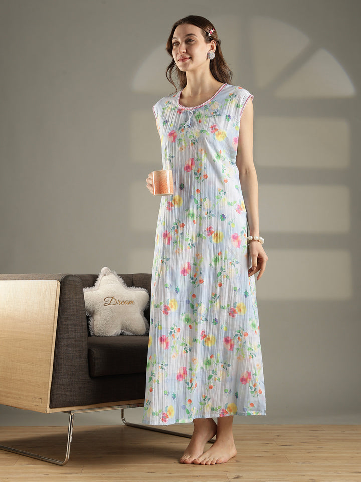 Floral pastel sky sleeveless maxi nightdress for women