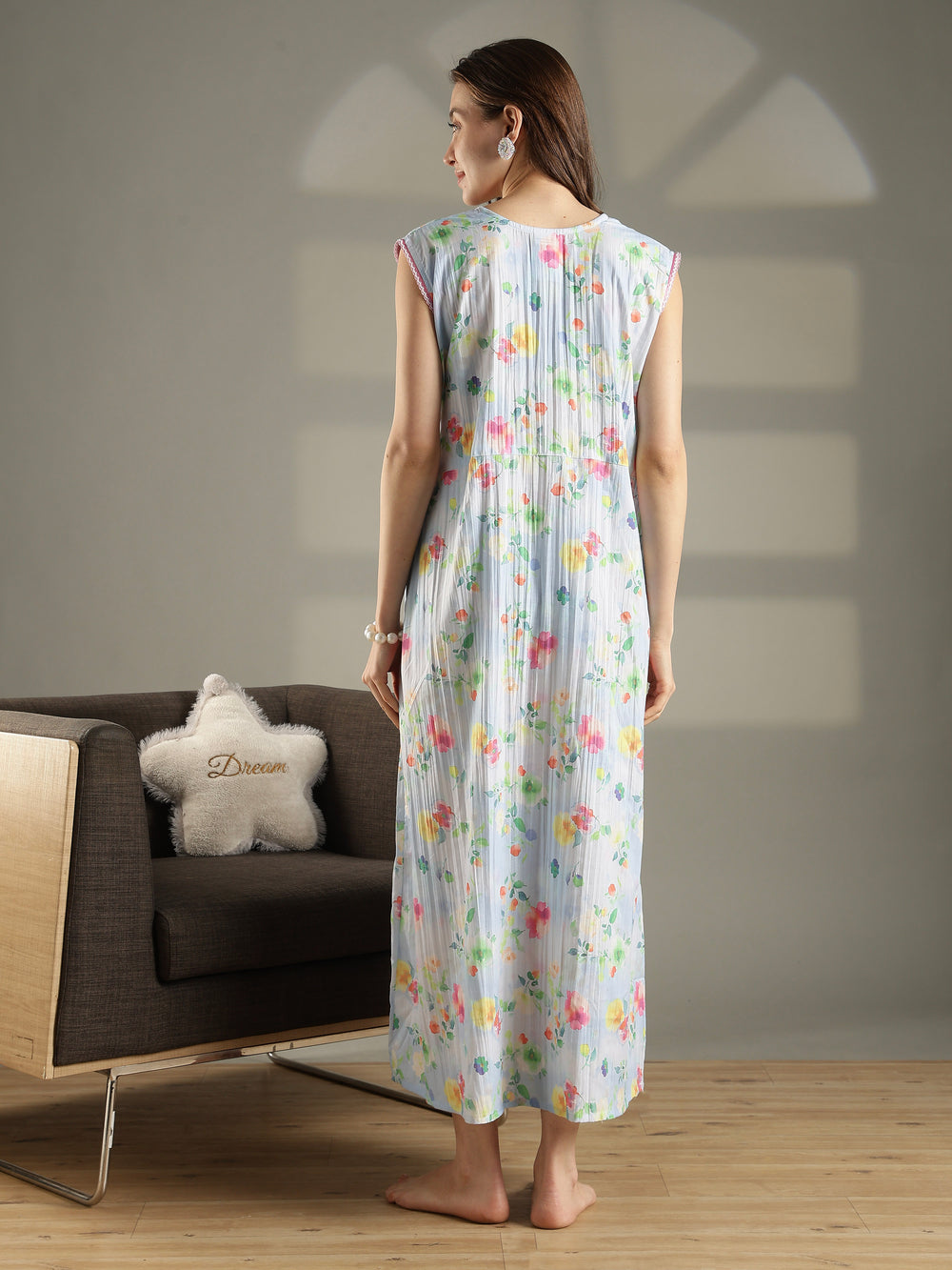 Floral pastel sky sleeveless maxi nightdress for women