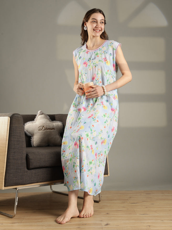 Floral pastel sky sleeveless maxi nightdress for women