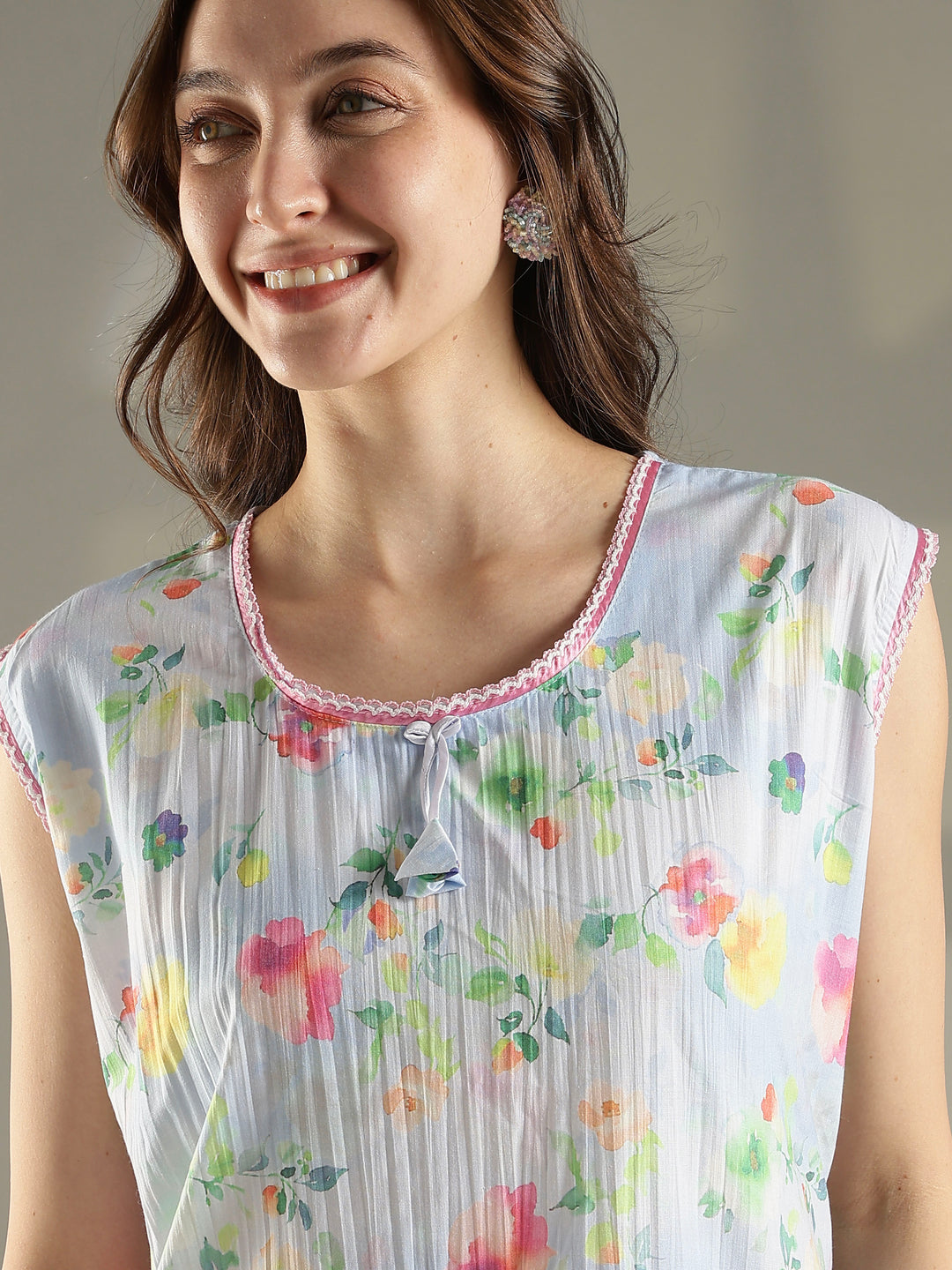 Floral pastel sky sleeveless maxi nightdress for women