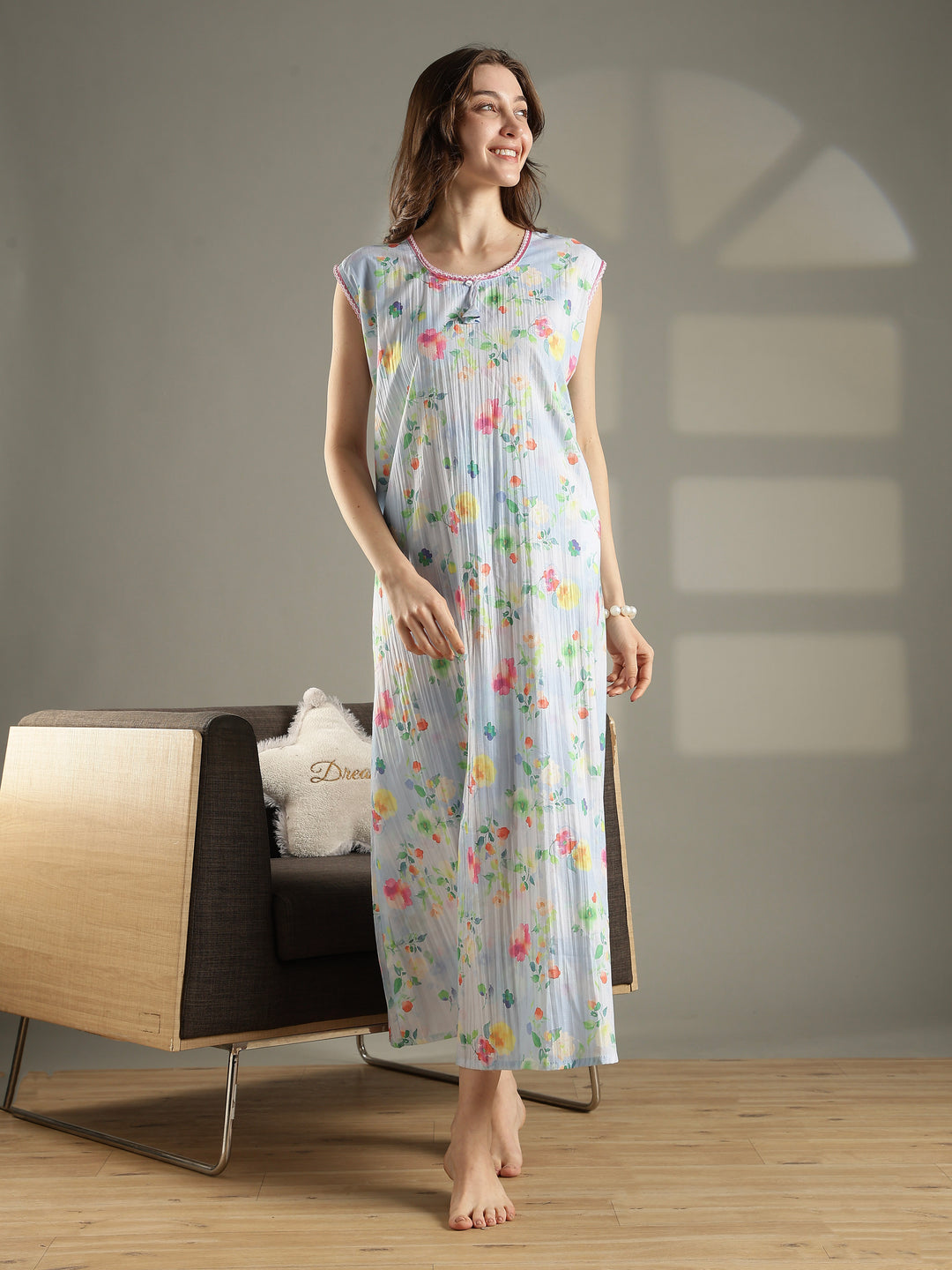 Floral pastel sky sleeveless maxi nightdress for women