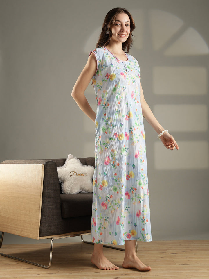 Floral pastel sky sleeveless maxi nightdress for women