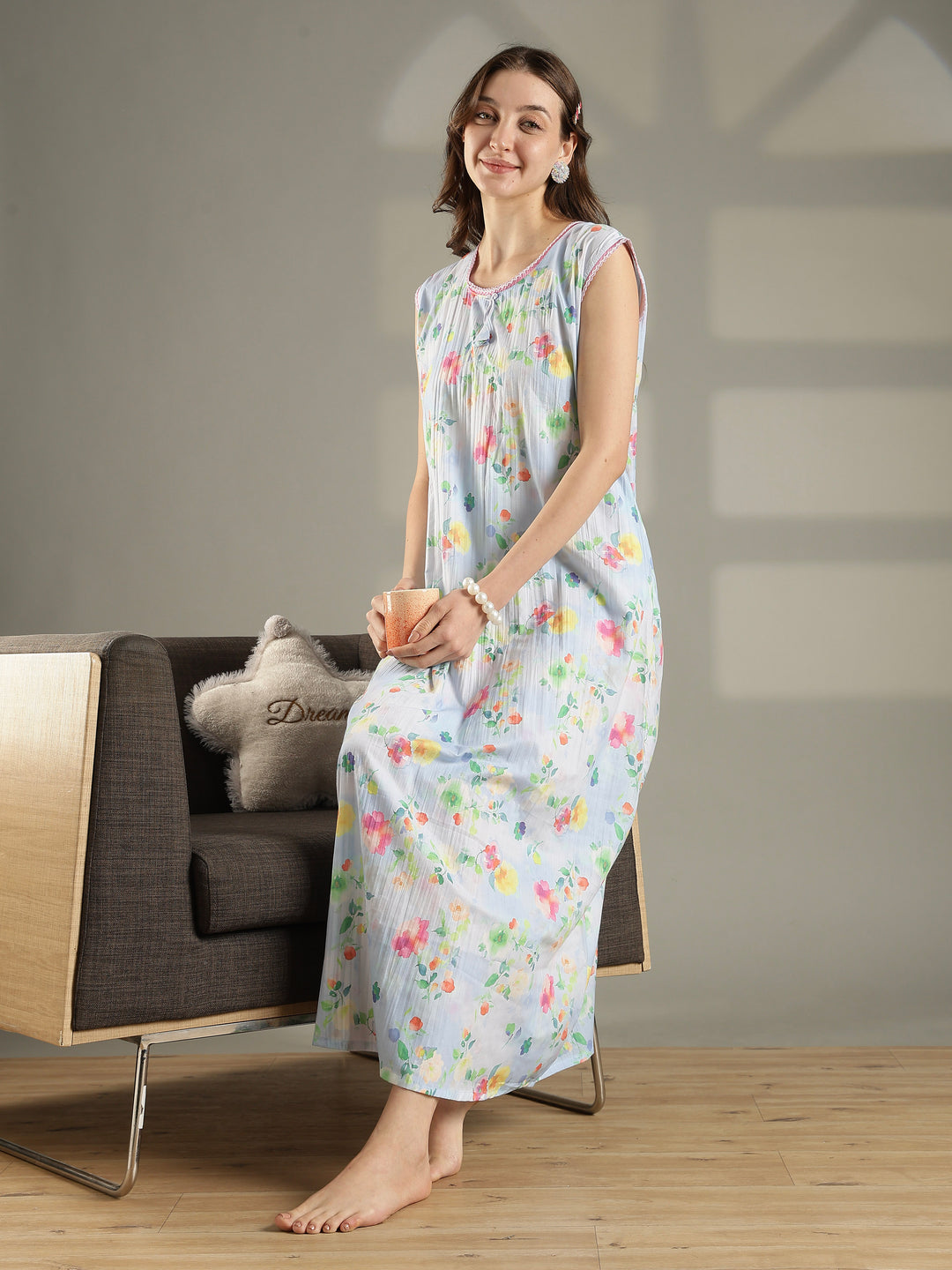 Floral pastel sky sleeveless maxi nightdress for women