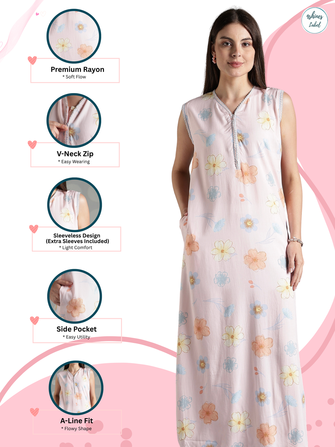Peach blossom rayon sleeveless night gown for women