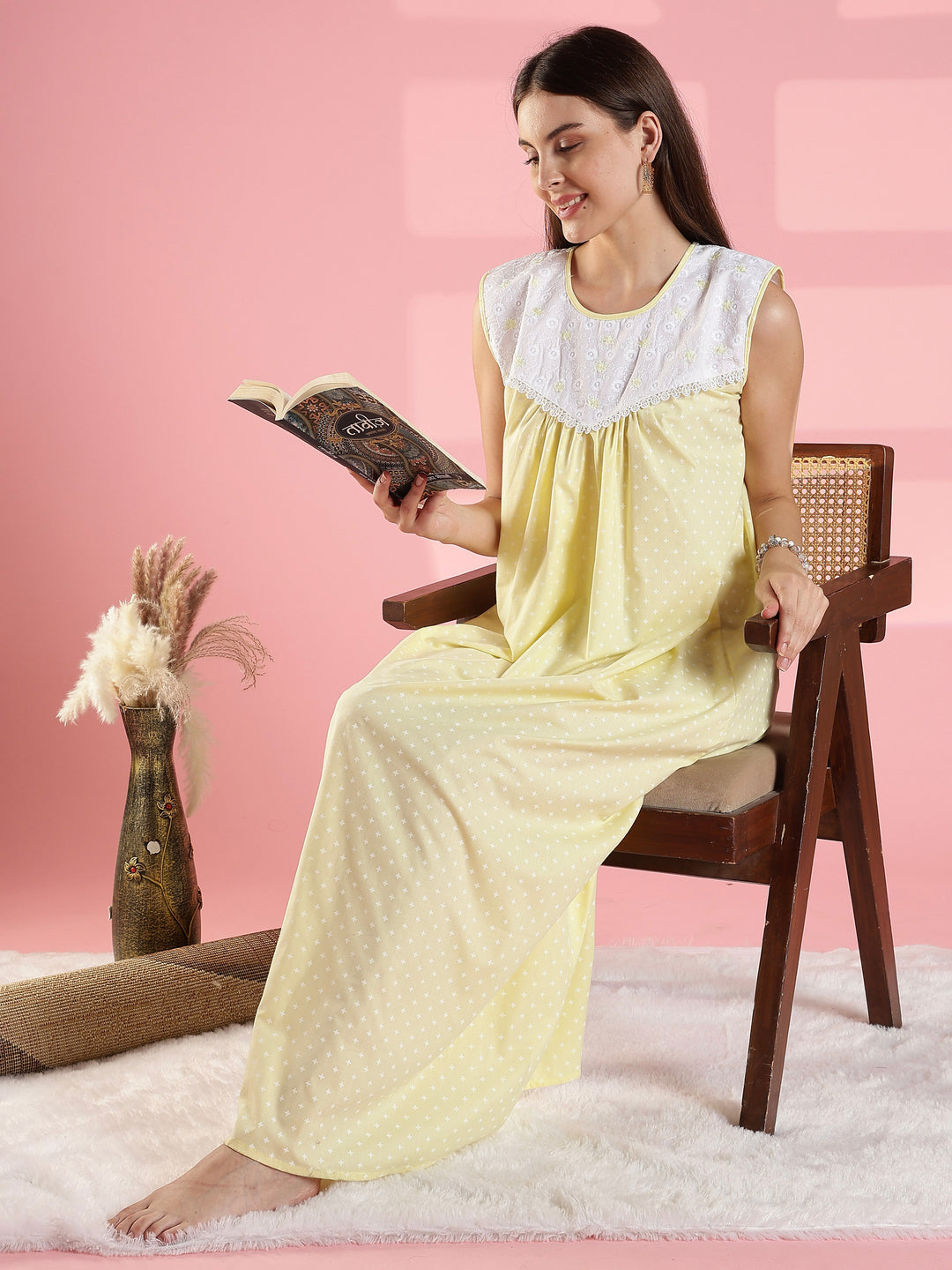 Lemon yellow soft cotton sleeveless sleepwear for women