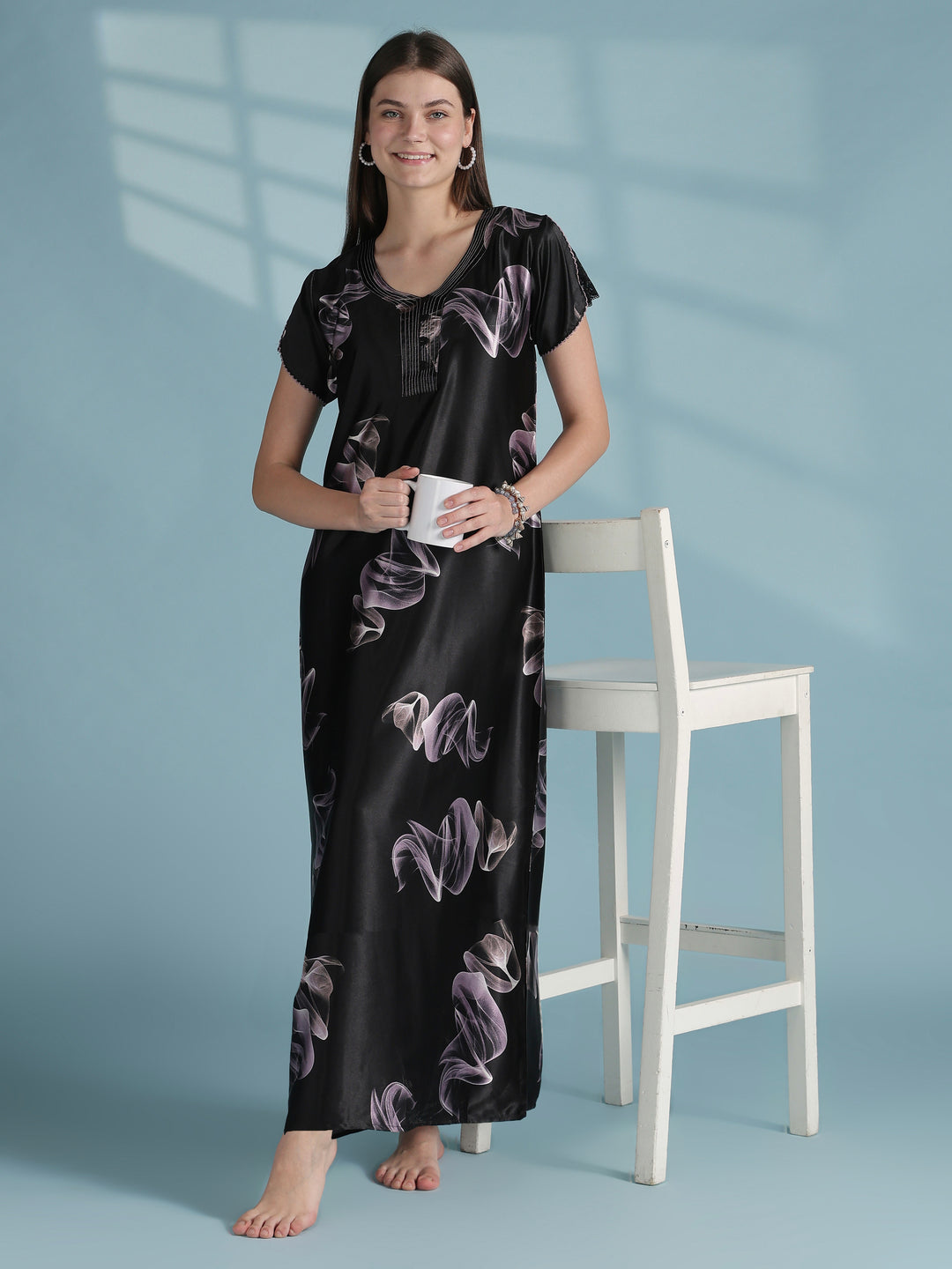 Elegant smoky print satin nighty for women online