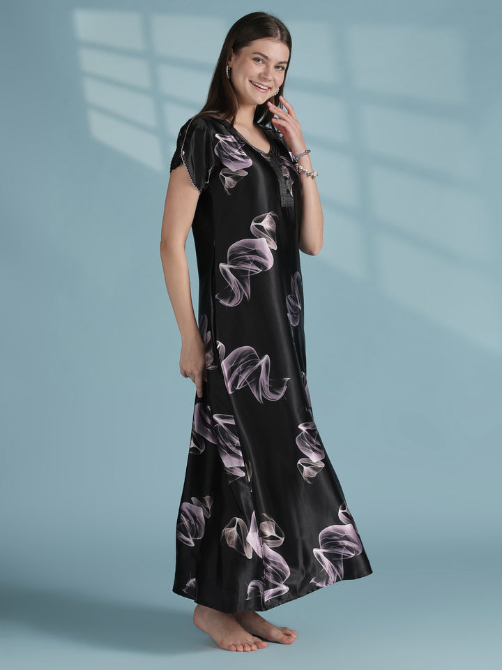 Elegant smoky print satin nighty for women online