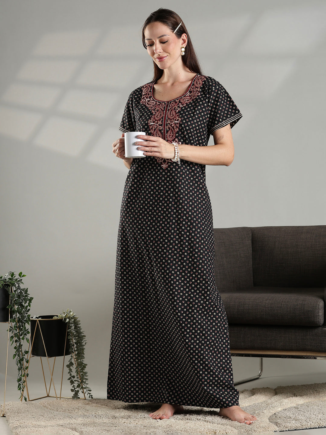 Soft cotton night dress for women in black with micro buti prints