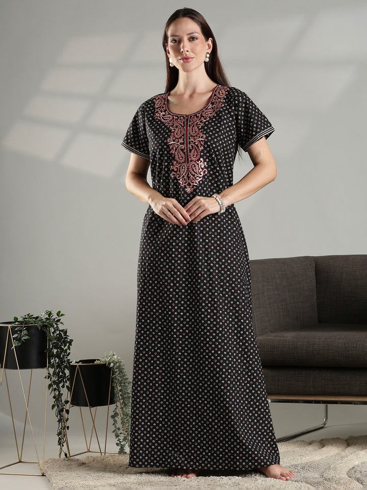 Soft cotton night dress for women in black with micro buti prints