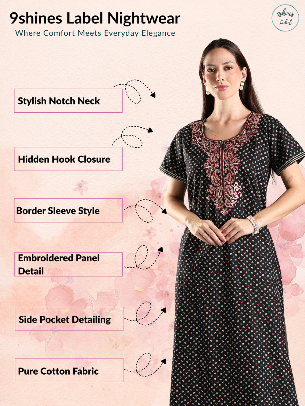 Soft cotton night dress for women in black with micro buti prints