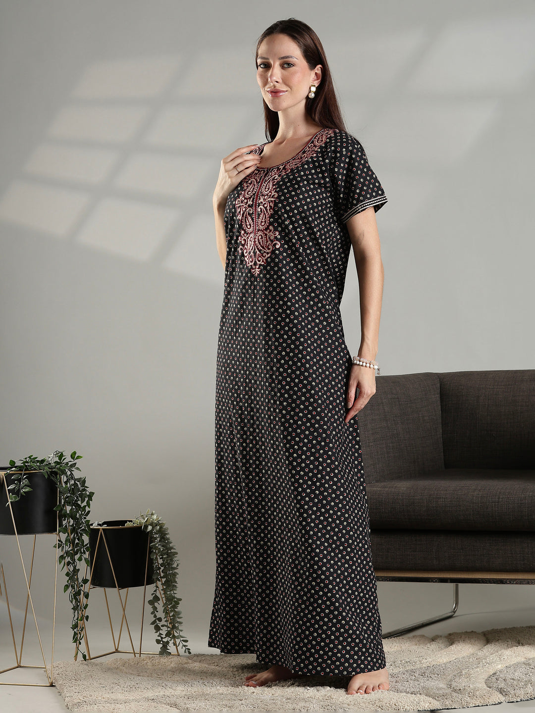 Soft cotton night dress for women in black with micro buti prints