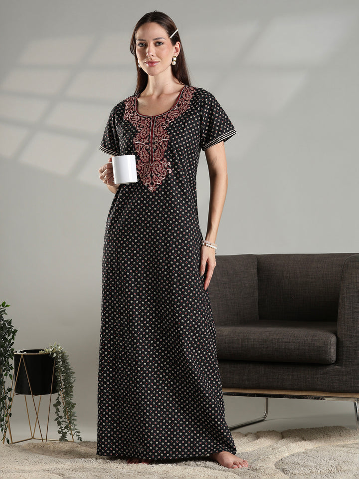 Soft cotton night dress for women in black with micro buti prints