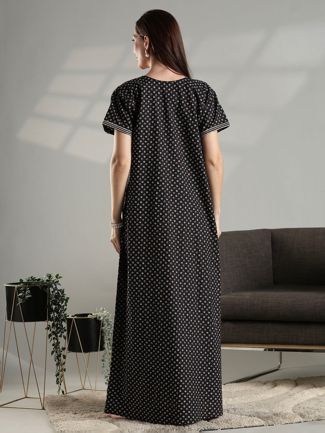 Soft cotton night dress for women in black with micro buti prints