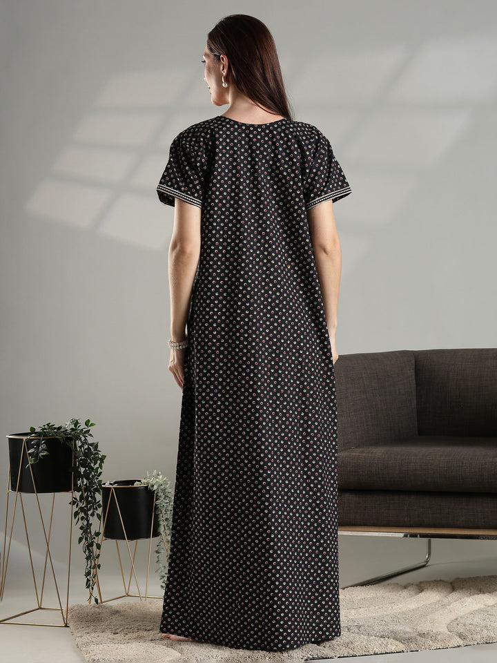 Soft cotton night dress for women in black with micro buti prints