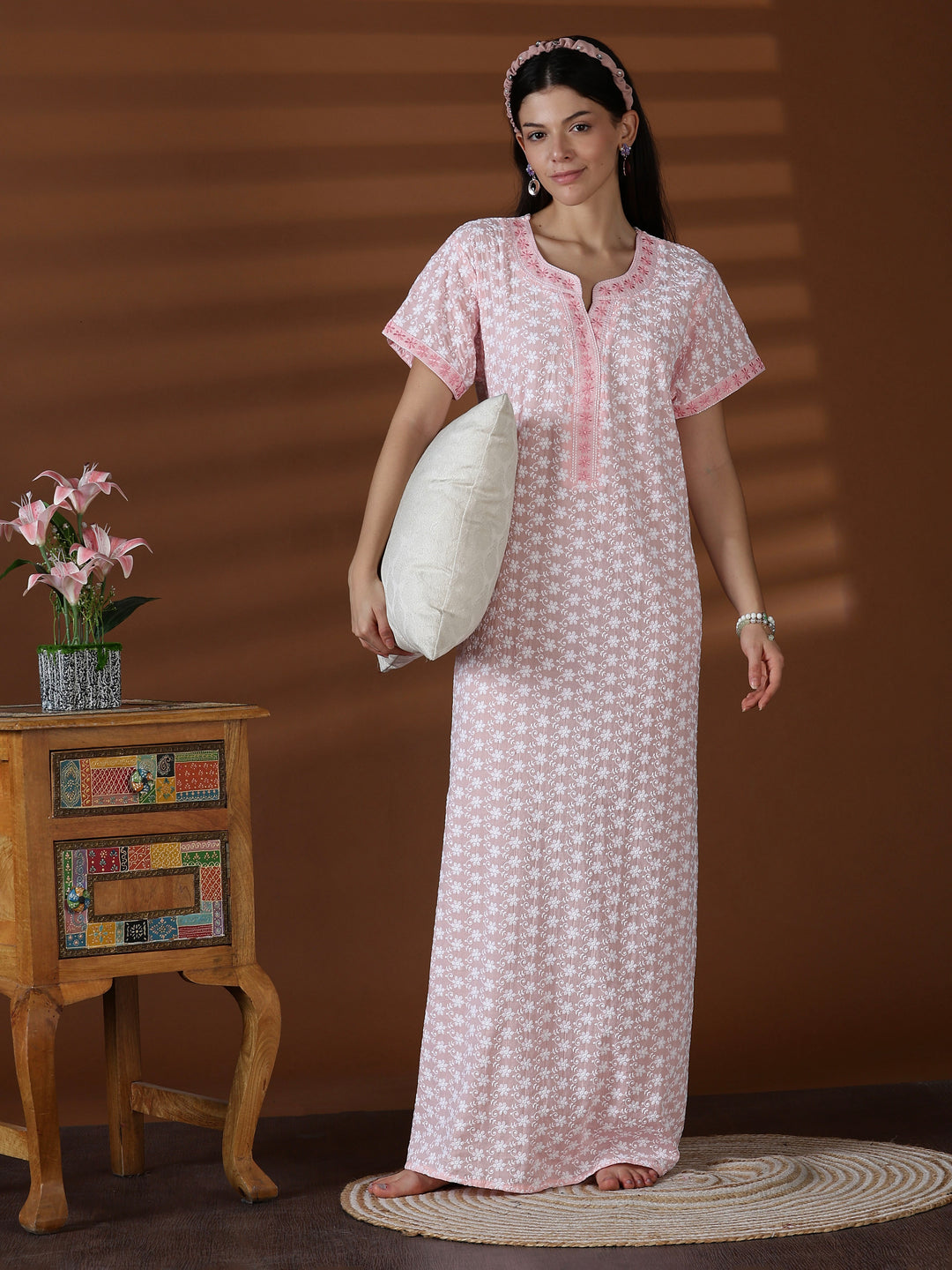 Peach soft cotton chikankari nighty for women worldwide