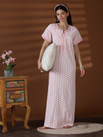 Peach Chikankari Cotton Nighty for Women Soft Floral work