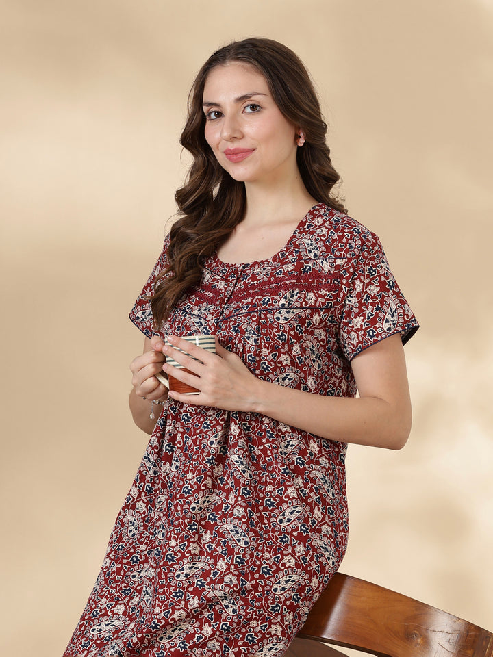 Paisley rust print pure cotton soft night dress for women