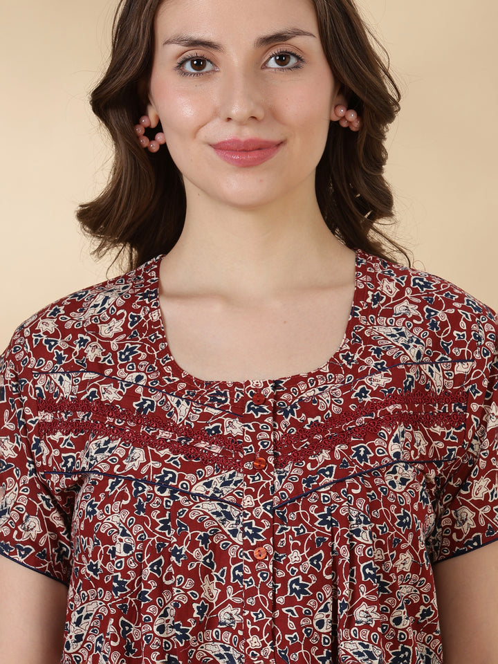 Paisley rust print pure cotton soft night dress for women
