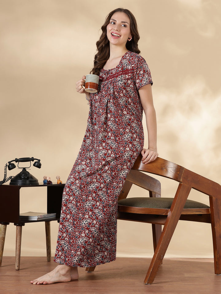 Paisley rust print pure cotton soft night dress for women