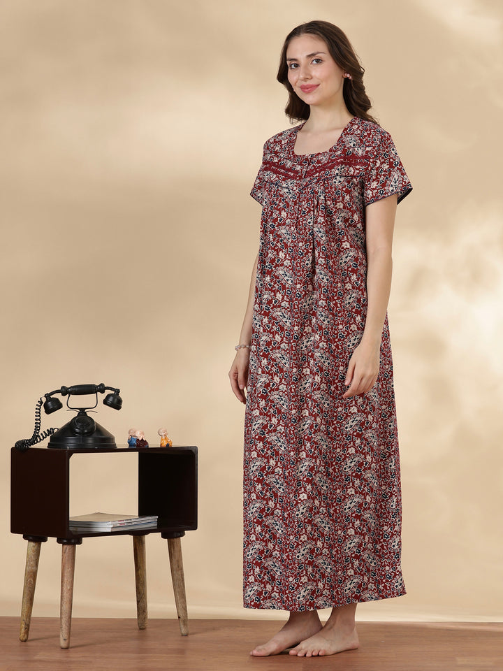 Paisley rust print pure cotton soft night dress for women