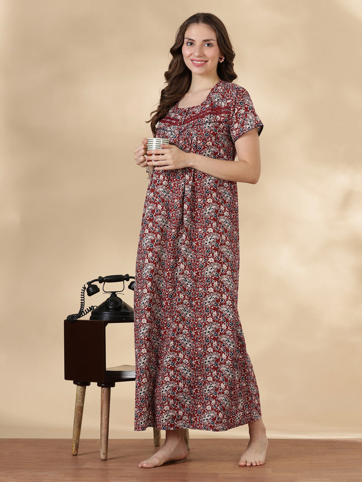 Paisley rust print pure cotton soft night dress for women