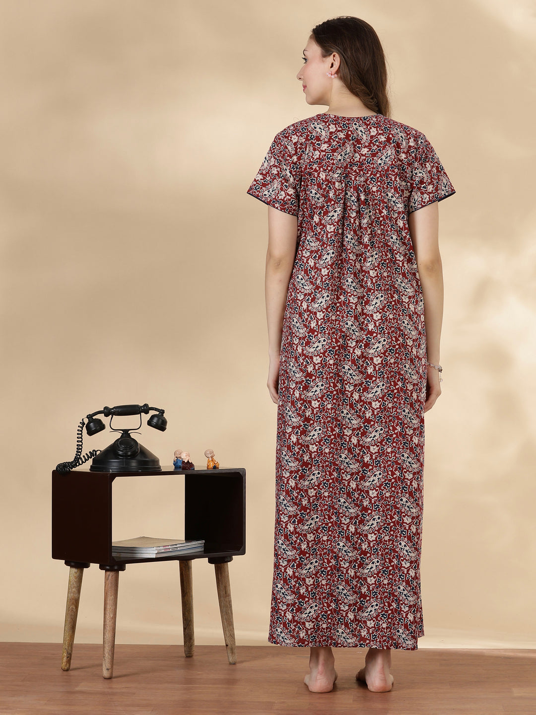 Paisley rust print pure cotton soft night dress for women