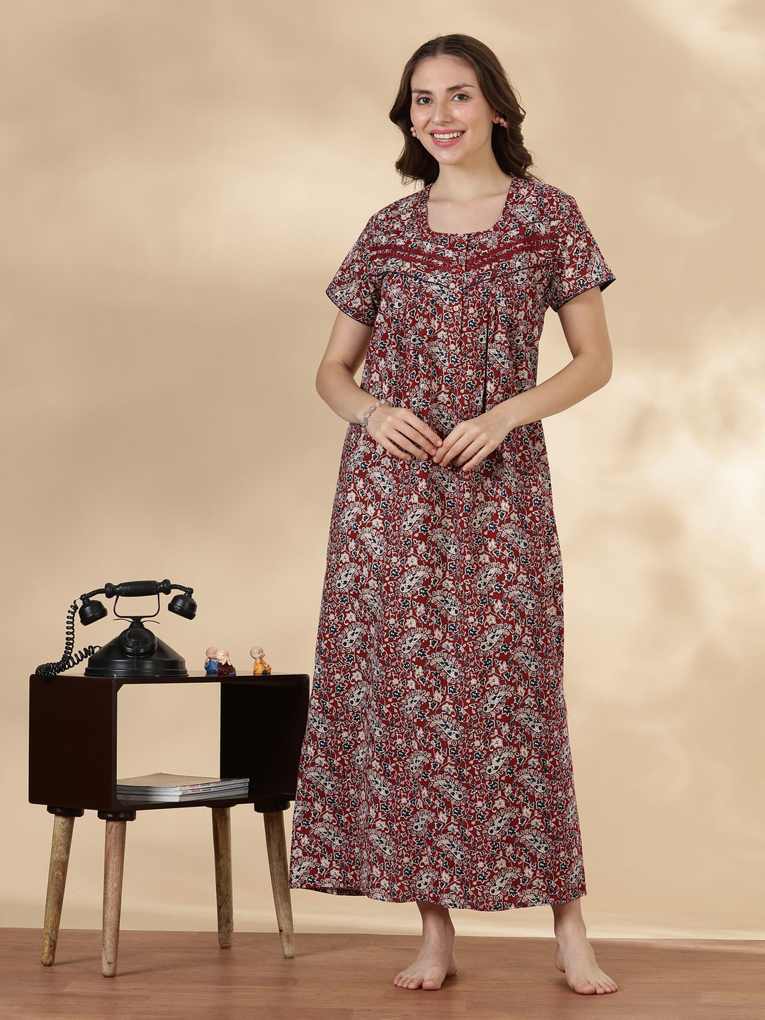 Paisley rust print pure cotton soft night dress for women