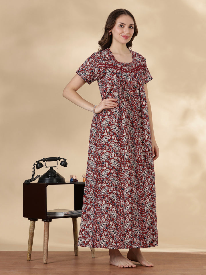 Paisley rust print pure cotton soft night dress for women