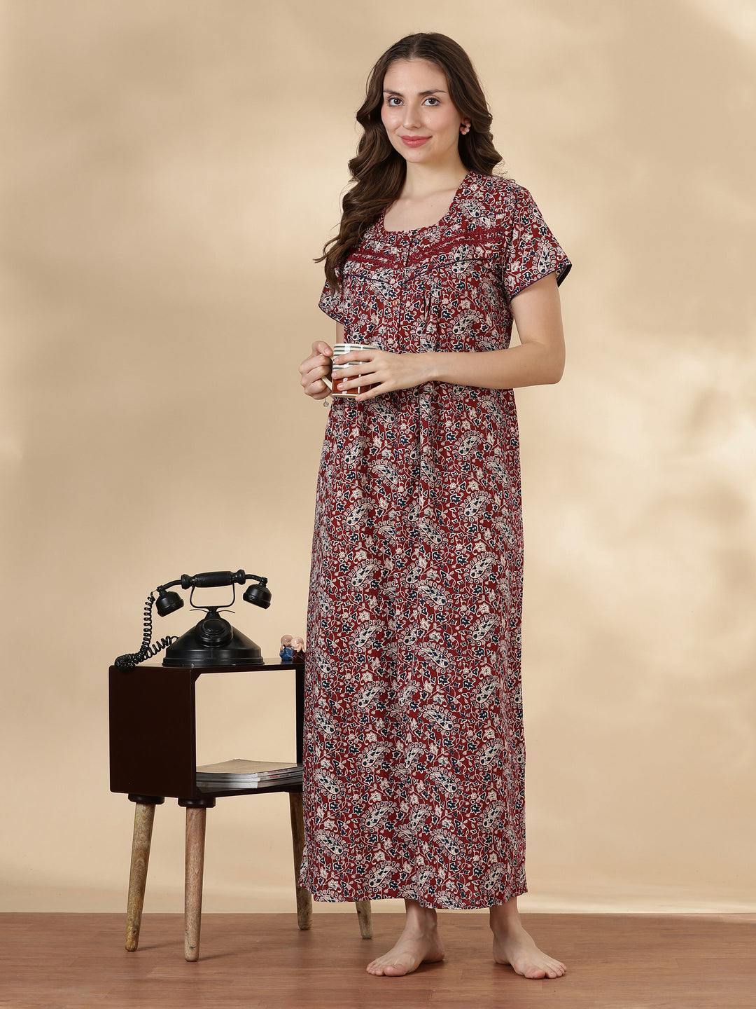 Paisley rust print pure cotton soft night dress for women