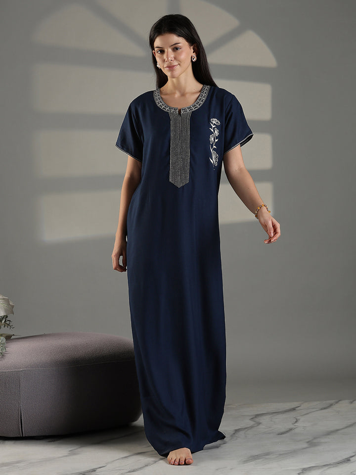 Navy cotton blend soft nightwear for women with embroidery