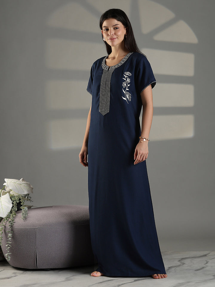 Navy cotton blend soft nightwear for women with embroidery