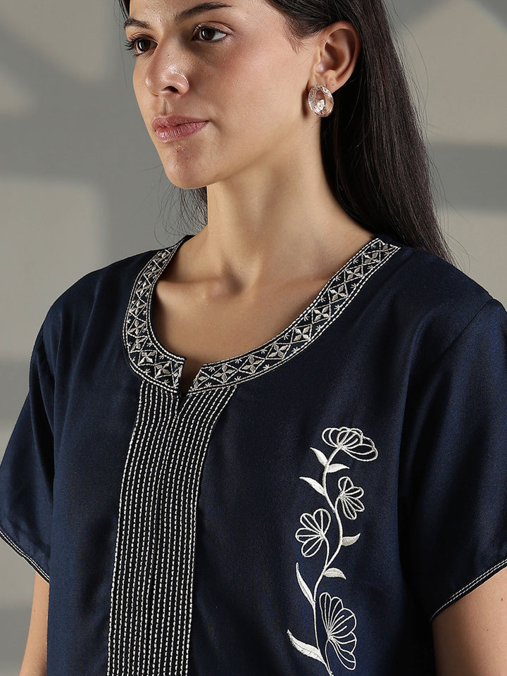 Navy cotton blend soft nightwear for women with embroidery