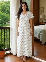 Green Buti Print Bamboo Feel Crush Cotton Nighty for Women
