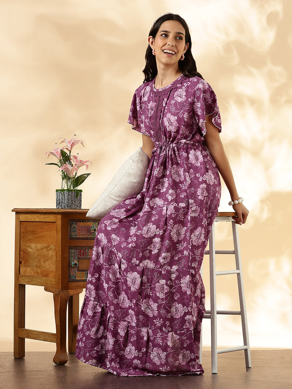 Orchid purple floral alpine frock style nighty for women