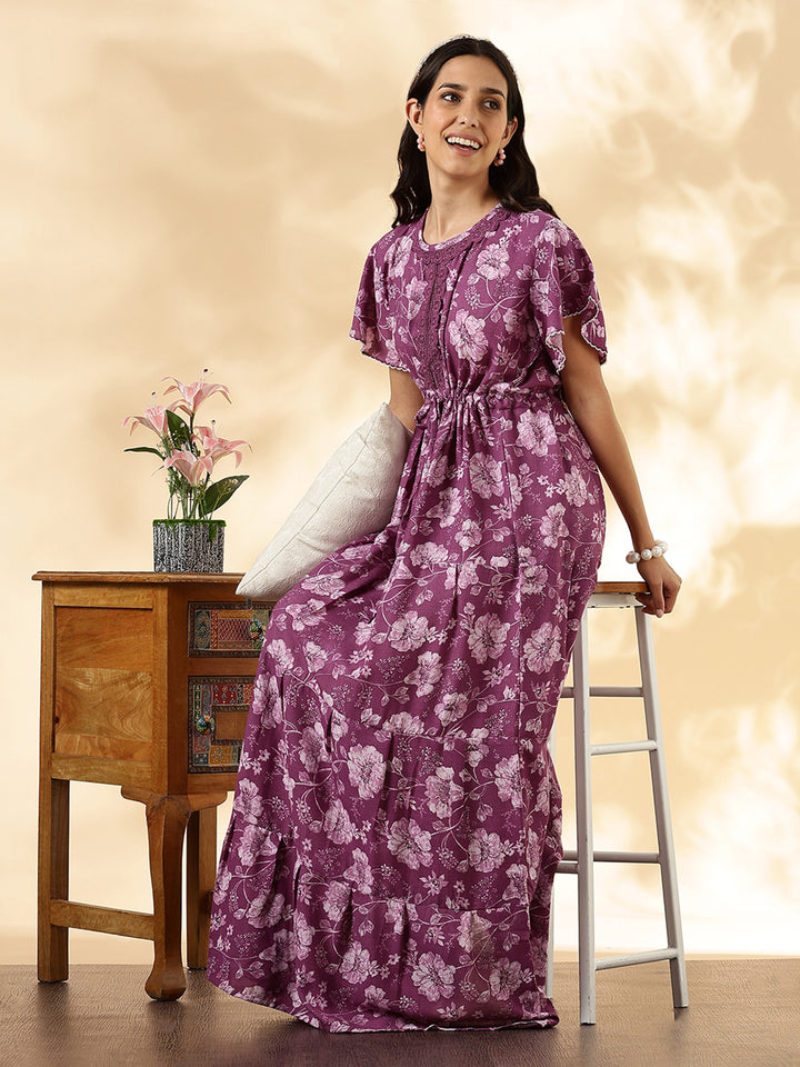Orchid purple floral alpine frock style nighty for women