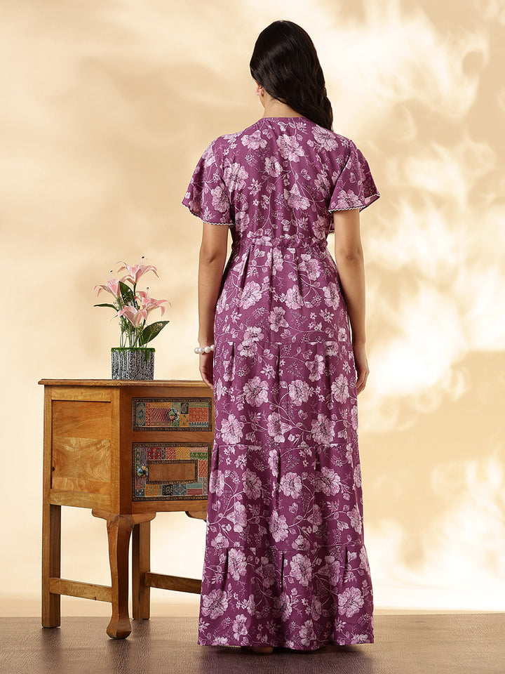 Orchid purple floral alpine frock style nighty for women