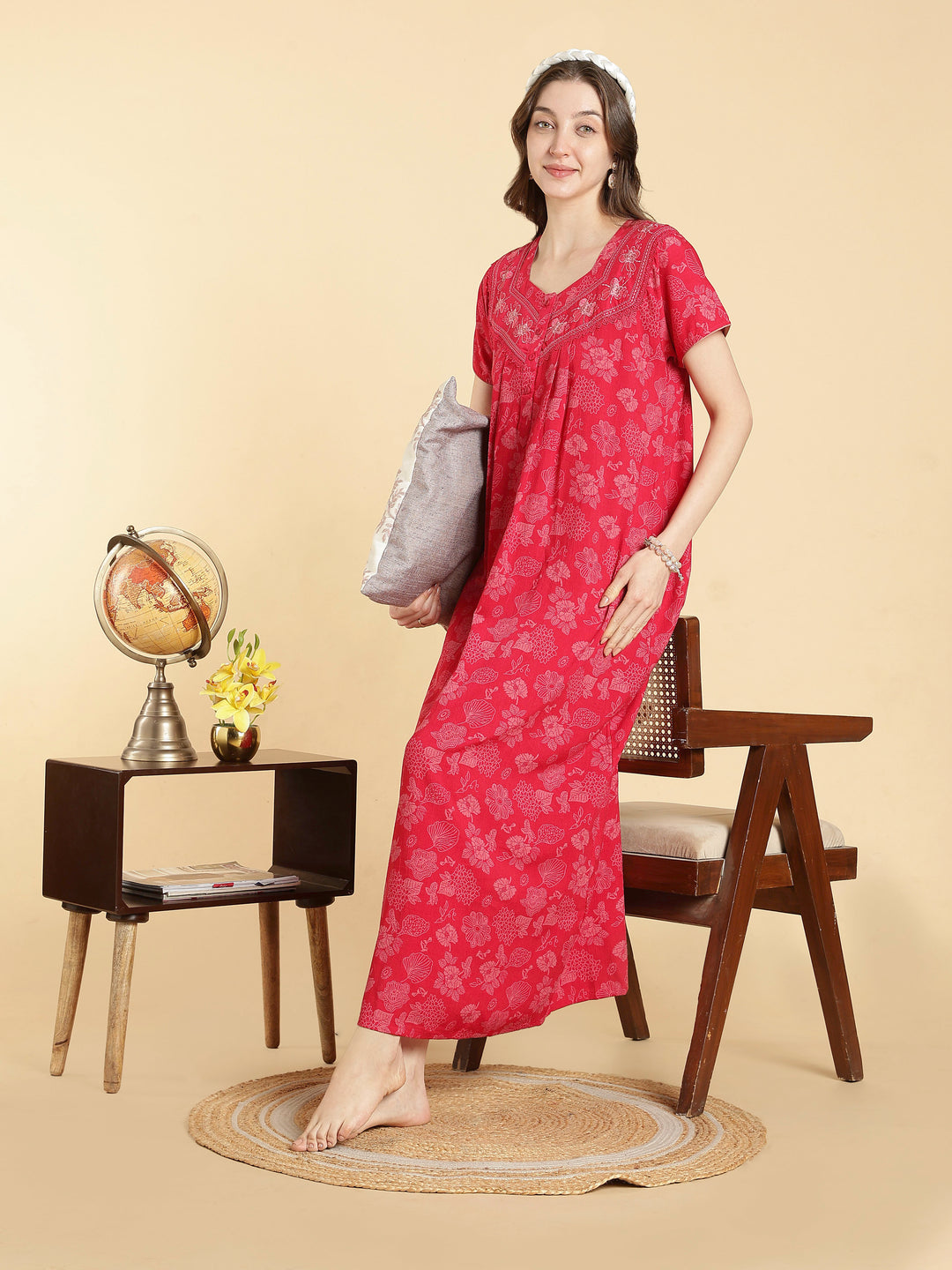 Soft crush cotton serene rose floral a line nighty for women