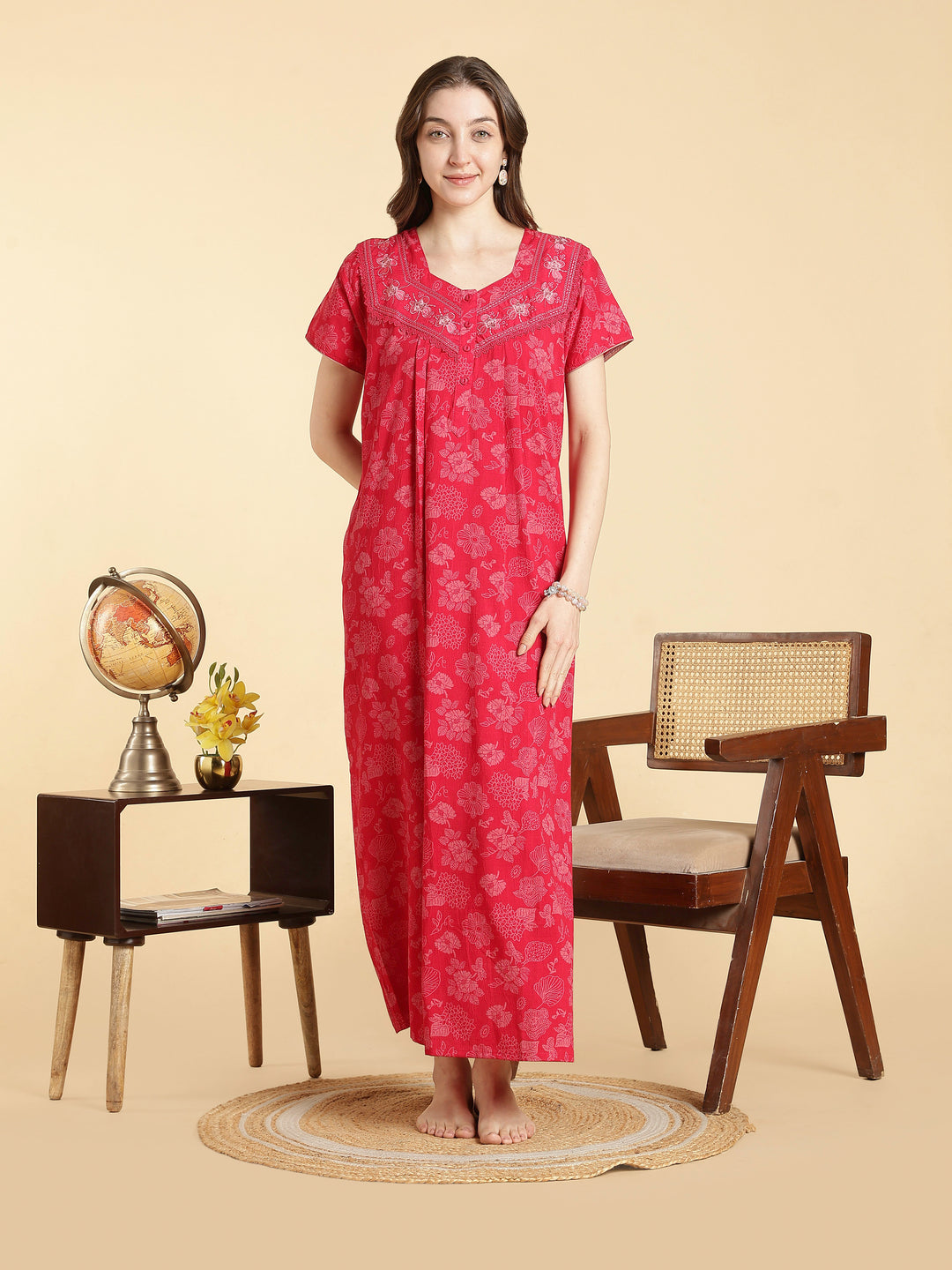 Soft crush cotton serene rose floral a line nighty for women