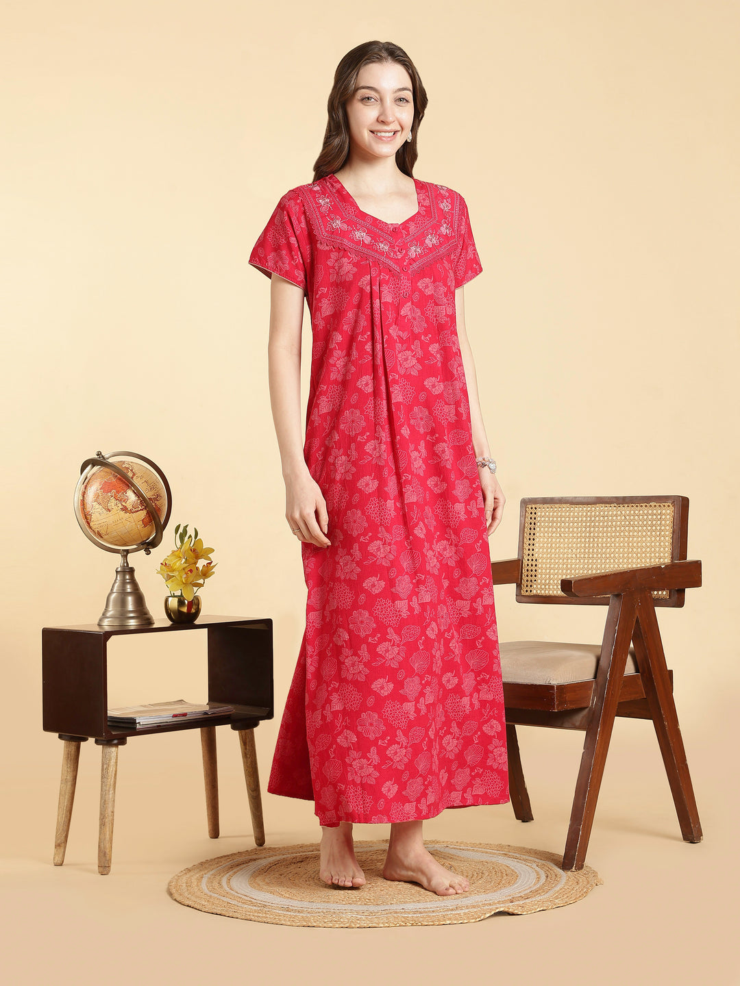 Soft crush cotton serene rose floral a line nighty for women