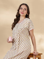 Leaf Pink Cotton Nighty for Women Floral Soft Comfortable Wear