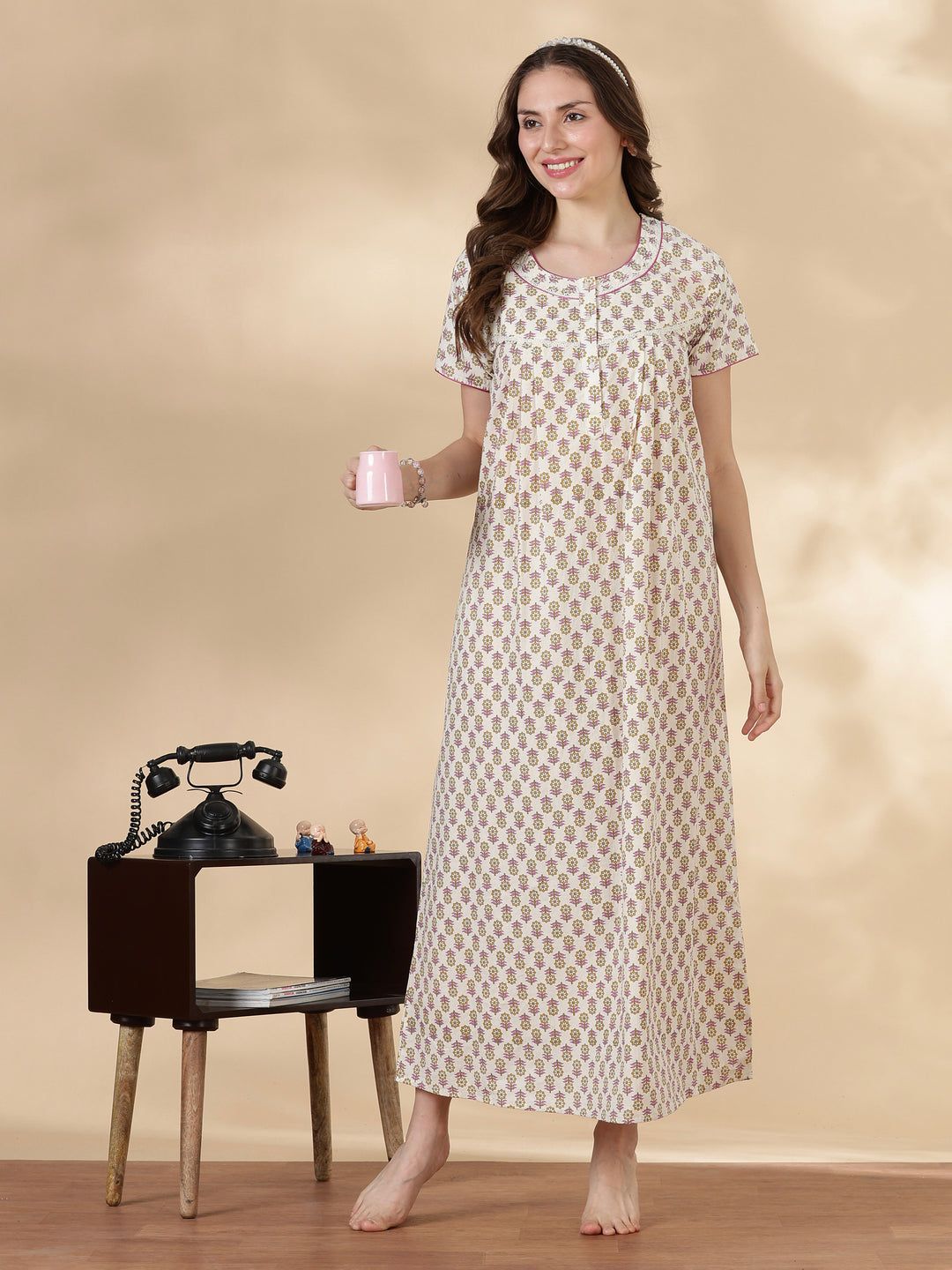 Leaf pink comfortable 100% pure cotton nighty for ladies