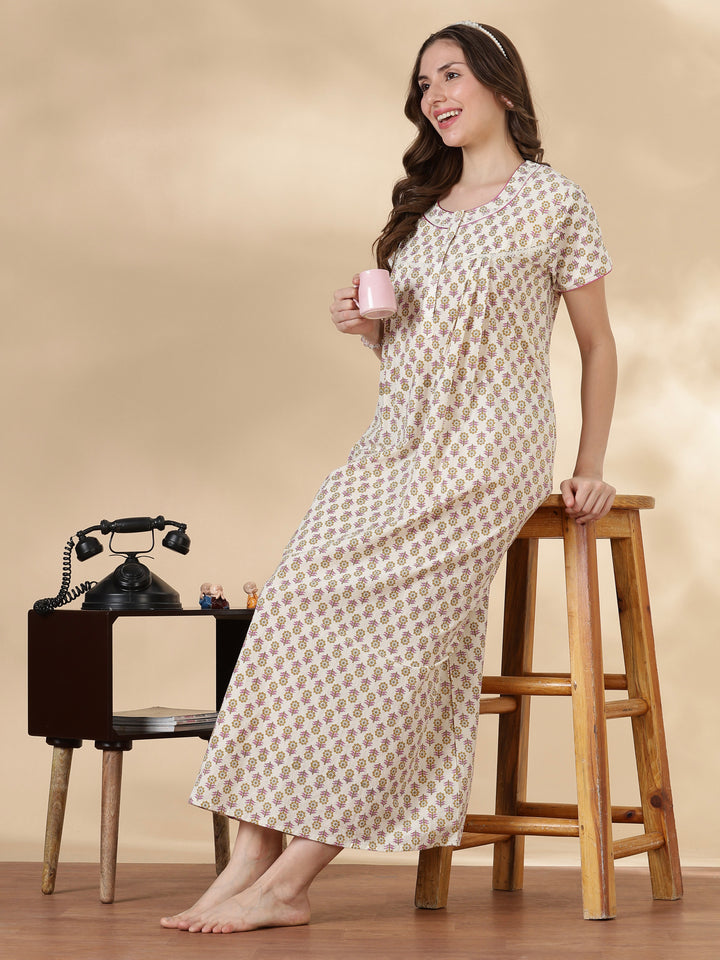 Leaf pink comfortable 100% pure cotton nighty for ladies