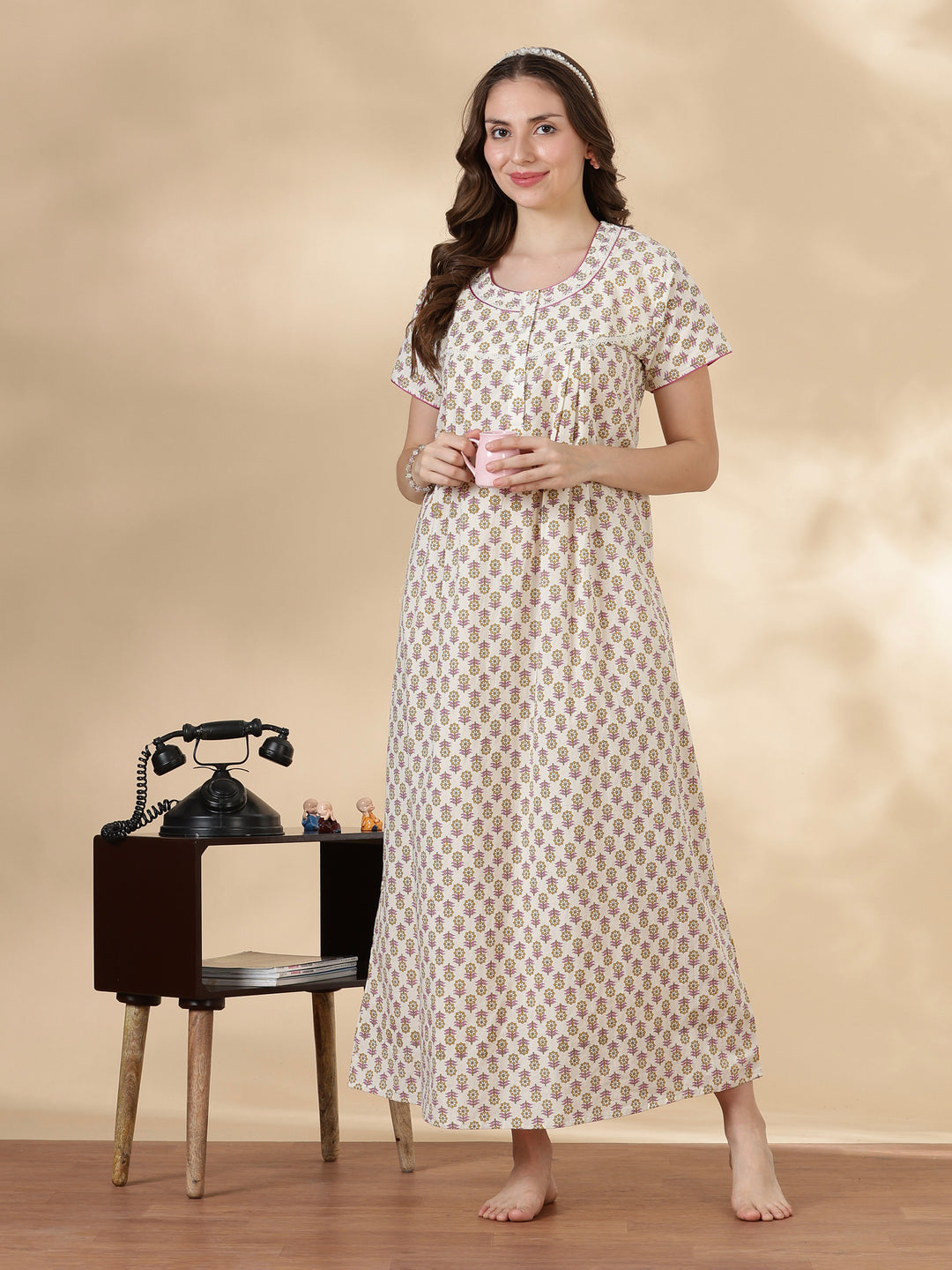 Leaf pink comfortable 100% pure cotton nighty for ladies